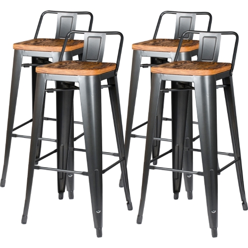 Metropolis Low Back Bar Stool Wood Seat in Gunmetal Powder Coated Steel (Set of 4)